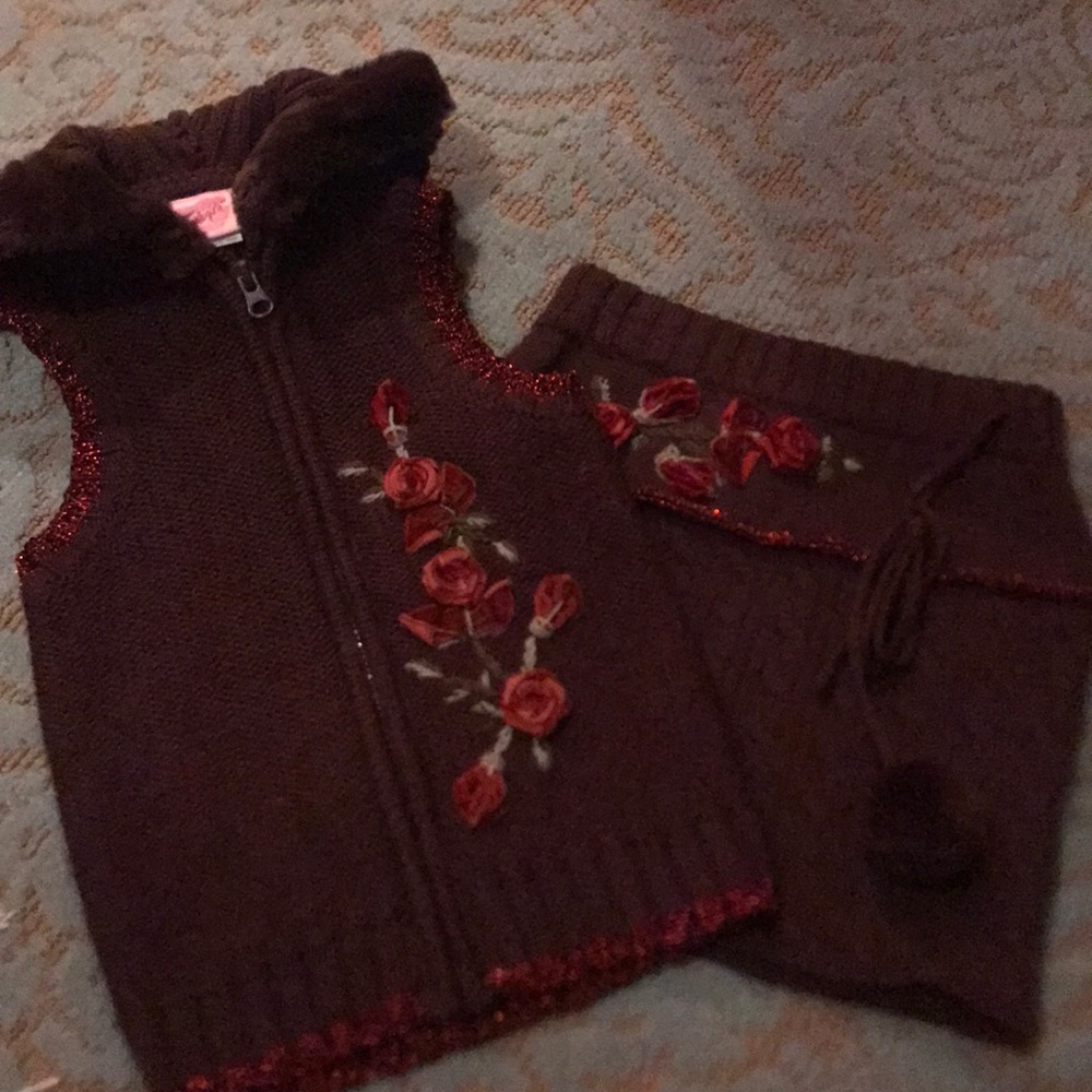 Two piece sweater skirt and vest lipstick